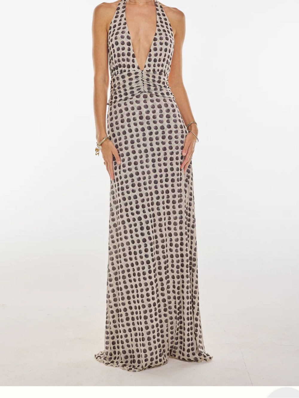 RESA Cream Halter Maxi Dress with Gray Polka Dots